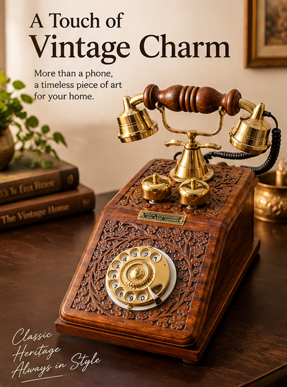 Real Functional Handcrafted Sheesham Wooden Vintage Rotary Telephone with Brass Work