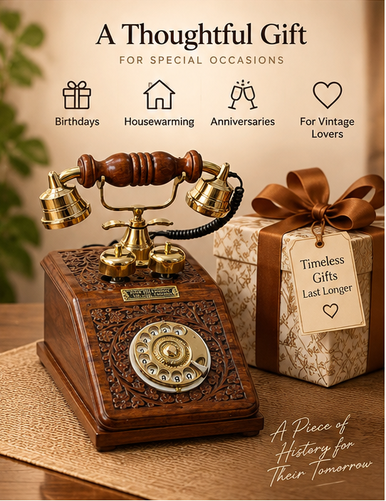 Real Functional Handcrafted Sheesham Wooden Vintage Rotary Telephone with Brass Work