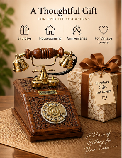 Real Functional Handcrafted Sheesham Wooden Vintage Rotary Telephone with Brass Work