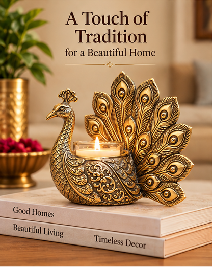 Gold Plated Elegant Peacock Candle Holder