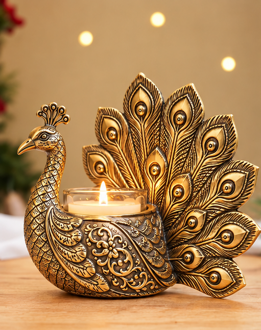 Gold Plated Elegant Peacock Candle Holder