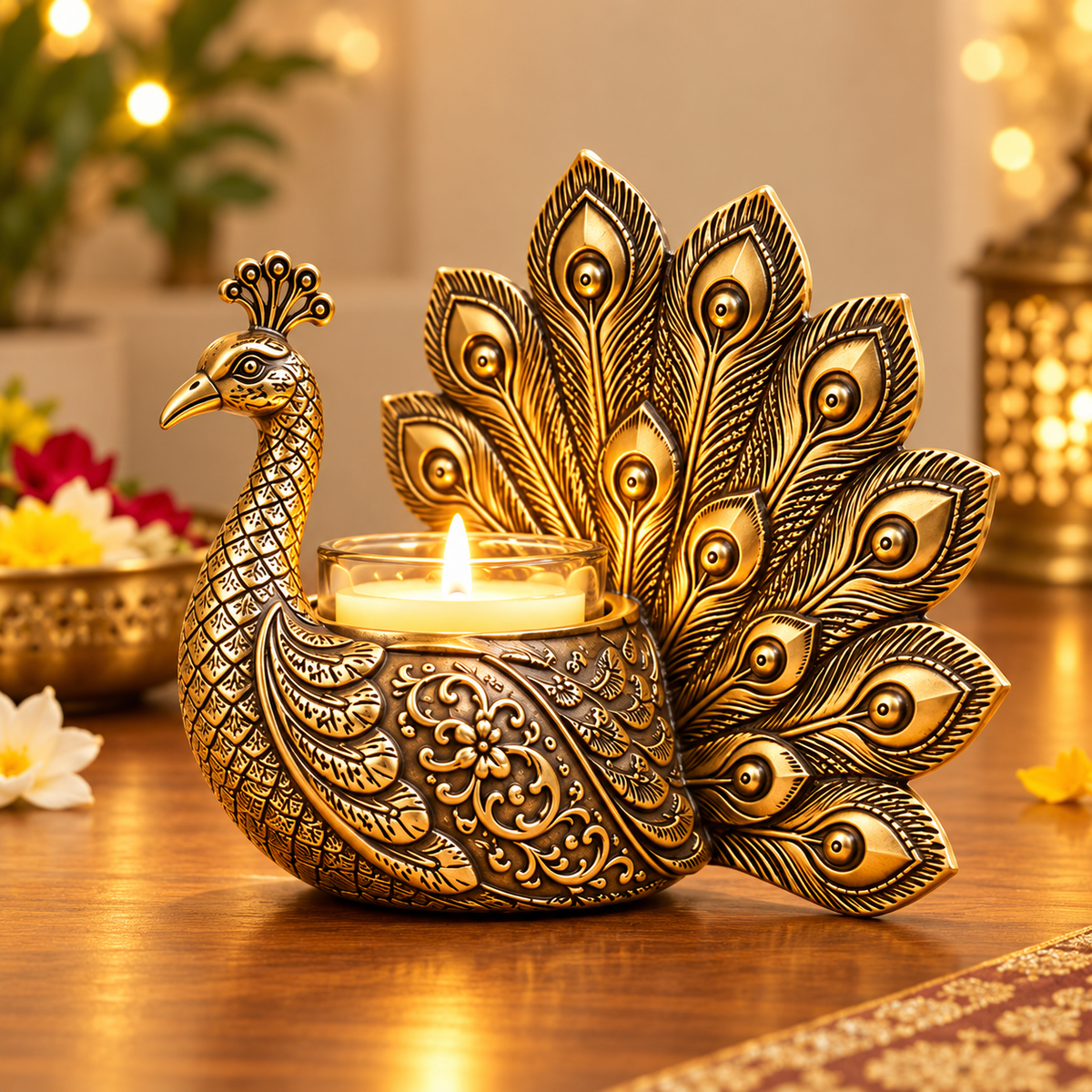 Gold Plated Elegant Peacock Candle Holder