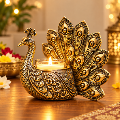 Gold Plated Elegant Peacock Candle Holder