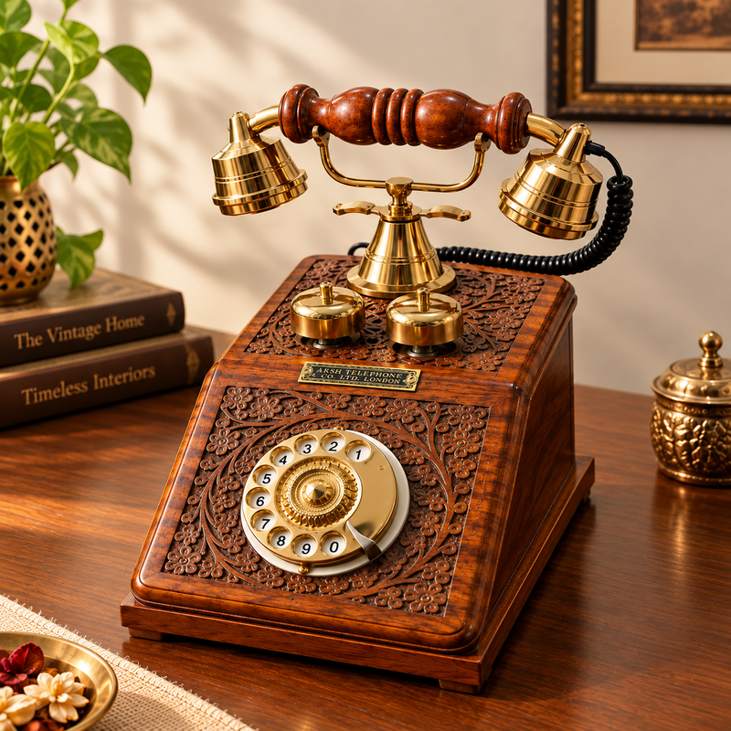 Real Functional Handcrafted Sheesham Wooden Vintage Rotary Telephone with Brass Work (USE AS A UNIQUE DECOR PIECE )