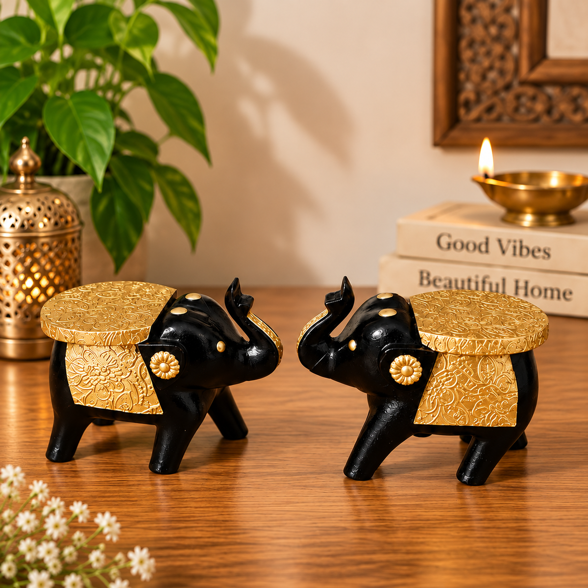 Handcrafted Black & Gold Elephant Wooden Stool Pair – Traditional Home Décor