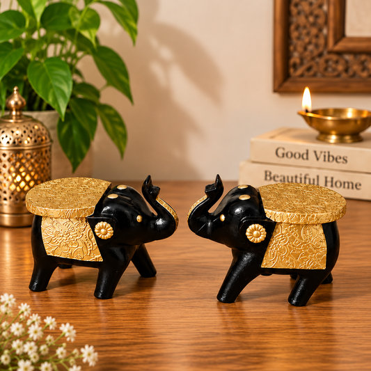 Handcrafted Black & Gold Elephant Wooden Stool Pair – Traditional Home Décor
