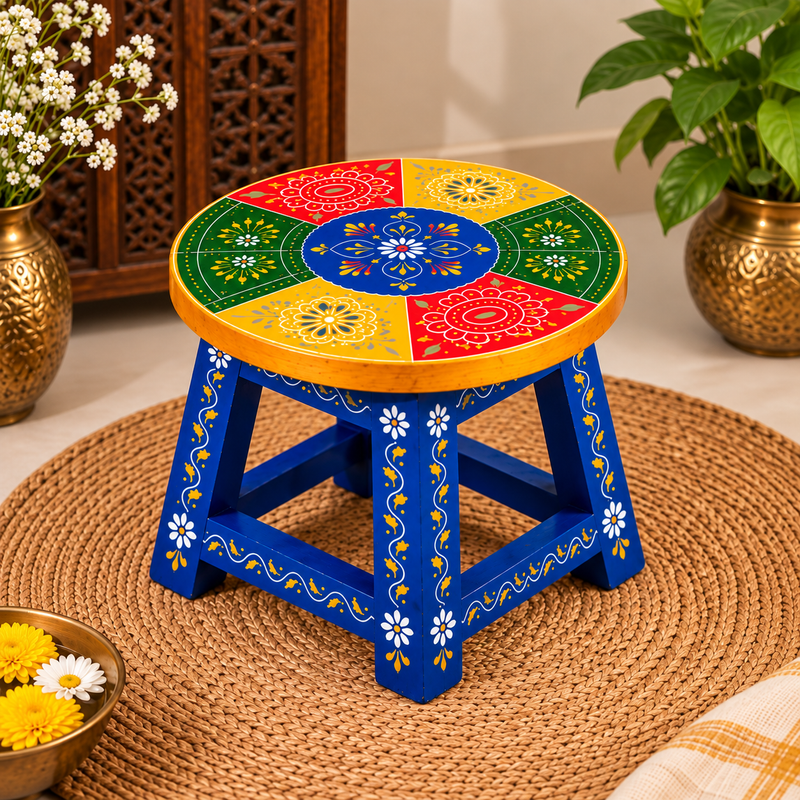 Handcrafted Hand-Painted Wooden Stool – Traditional Rajasthani Decor