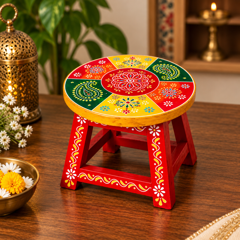 Handcrafted Hand-Painted Wooden Stool – Traditional Rajasthani Decor (Multicolour)