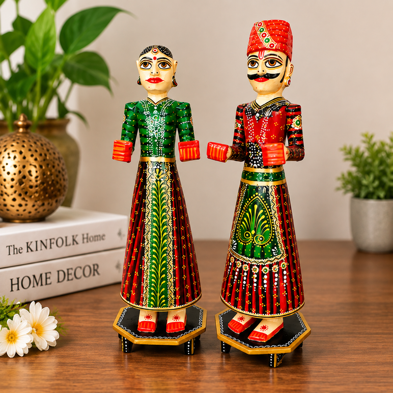Handcrafted Rajasthani Wooden Couple Doll Set – Traditional Home Décor