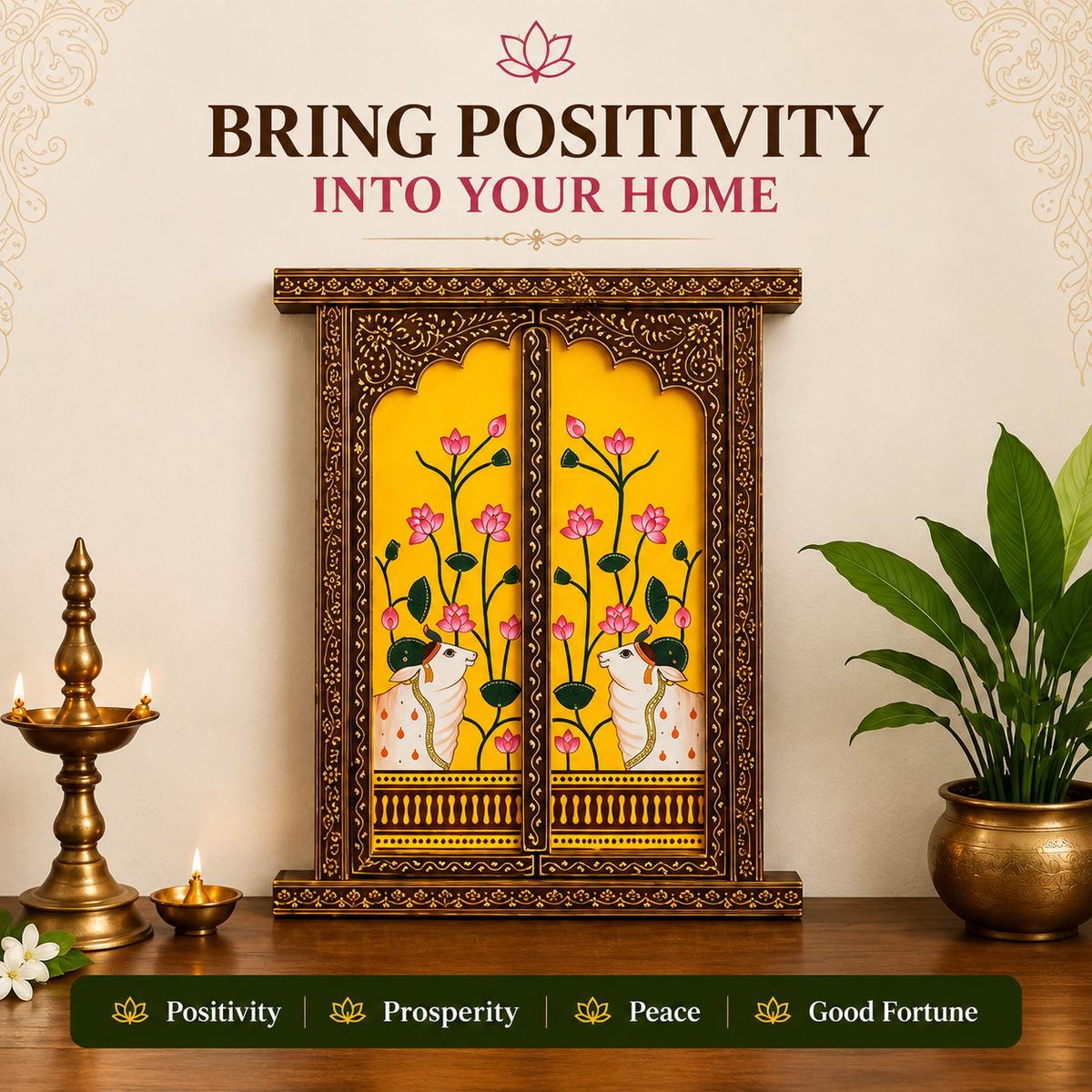 Handcrafted & Hand Painted Kamdhenu Lotus Hand-Painted Wall Panel