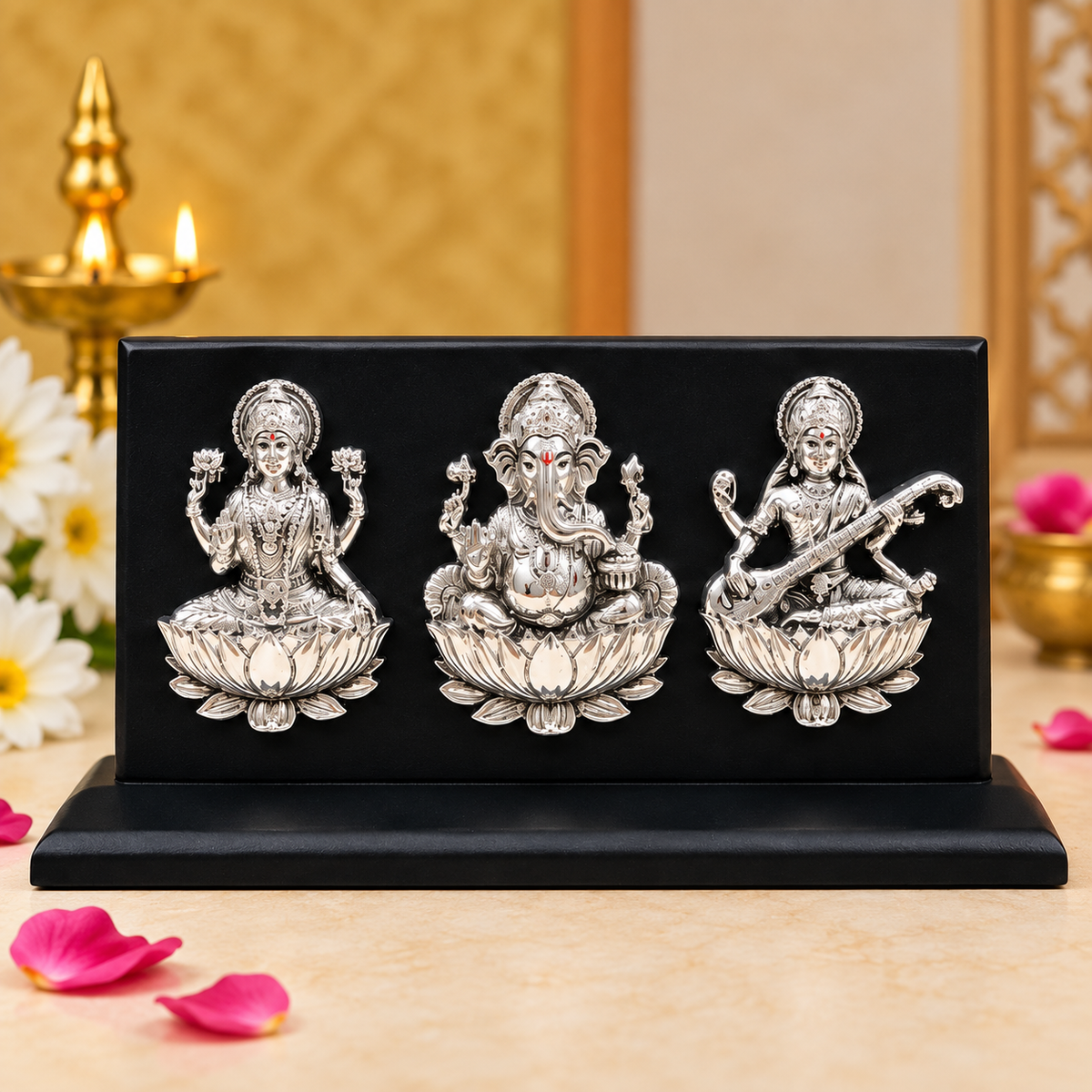 999 Silver Plated Laxmiji, Saraswatiji , Ganeshaji Idol