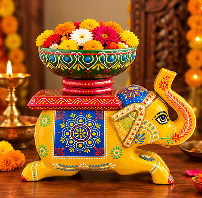Handcrafted Hand-Painted Elephant Chowki with Decorative Bowl – Yellow Full Set