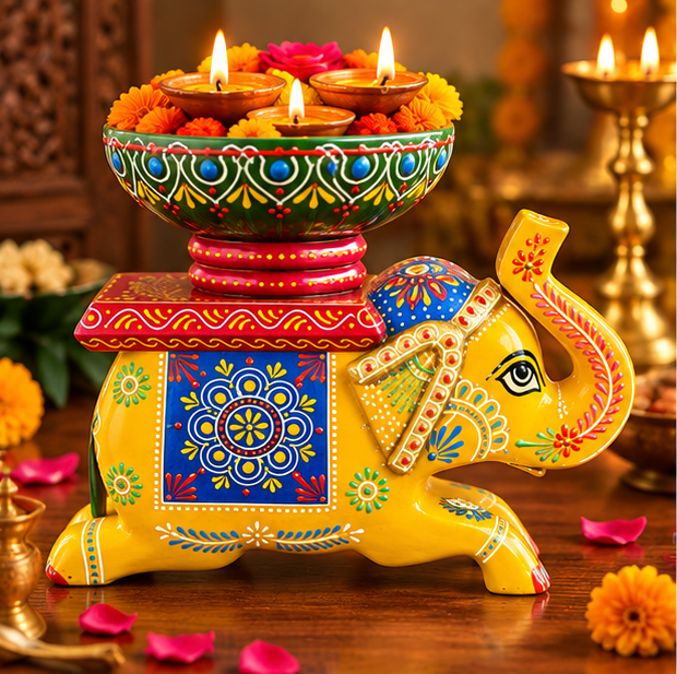 Handcrafted Hand-Painted Elephant Chowki with Decorative Bowl – Yellow Full Set