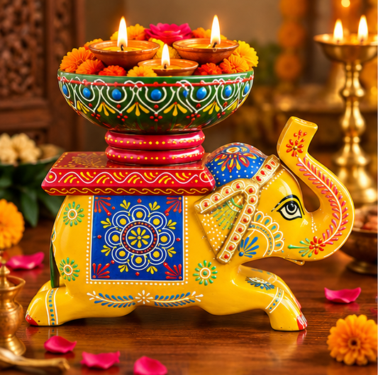 Handcrafted Hand-Painted Elephant Chowki with Decorative Bowl – Yellow Full Set