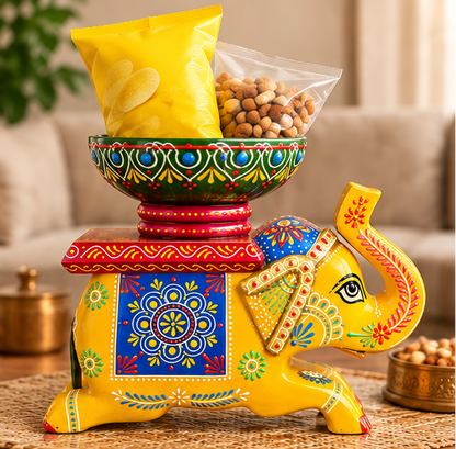 Handcrafted Hand-Painted Elephant Chowki with Decorative Bowl – Yellow Full Set