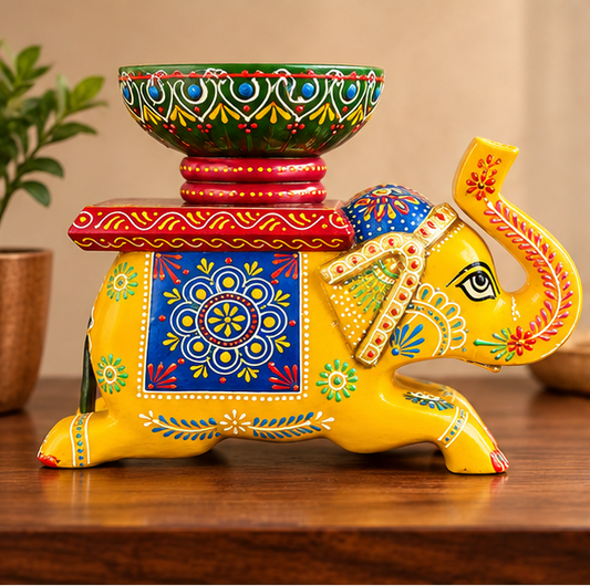 Handcrafted Hand-Painted Elephant Chowki with Decorative Bowl – Yellow Full Set