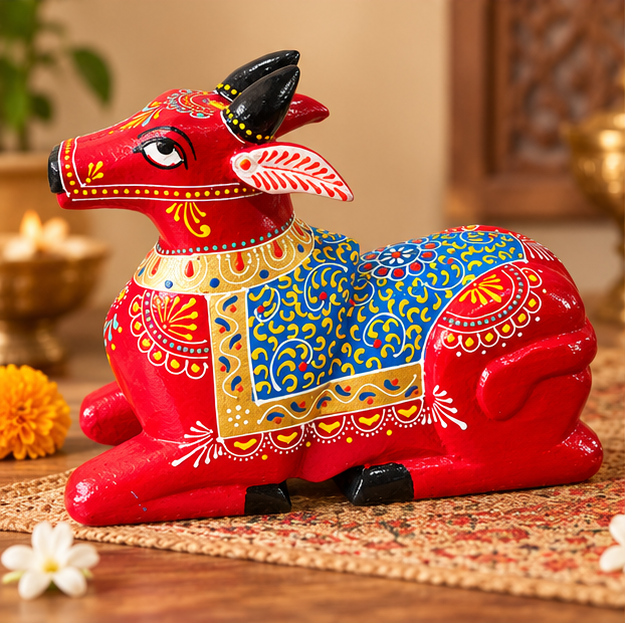 Handcrafted Wooden Nandi Cow – Hand-Painted Traditional Indian Décor