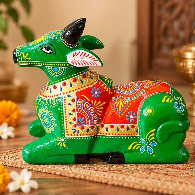 Handcrafted Wooden Nandi Cow – Hand-Painted Traditional Indian Décor