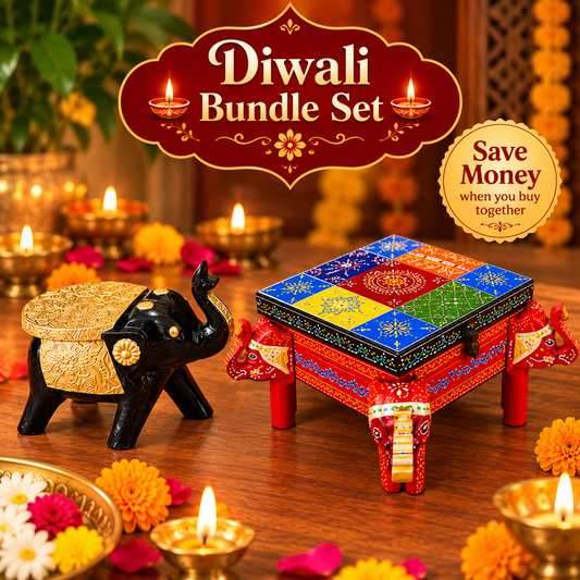 Diwali Bundle Set – Handcrafted & Handpainted Elephant Chowki & Decorative Elephant Stool BRASS WORK