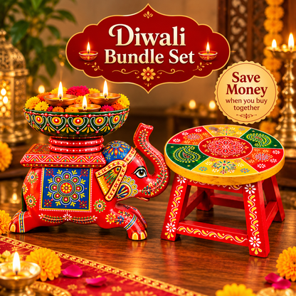 Diwali Festive Decor Bundle – Handcrafted Handpainted Wooden Stool & Elephant Diya Holder