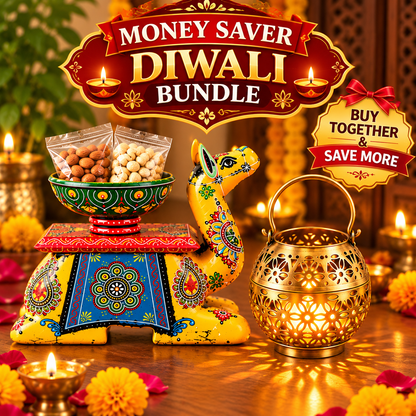 Money-Saving Diwali Bundle – Handcrafted Camel Dry Fruit Holder & Brass Decorative Lantern Combo