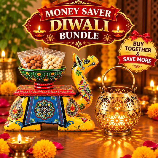 Money-Saving Diwali Bundle – Handcrafted Camel Dry Fruit Holder & Brass Decorative Lantern Combo