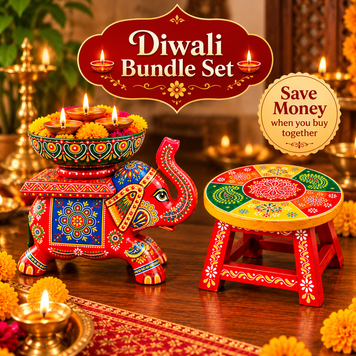 Diwali Festive Decor Bundle – Handcrafted Handpainted Wooden Stool & Elephant Diya Holder