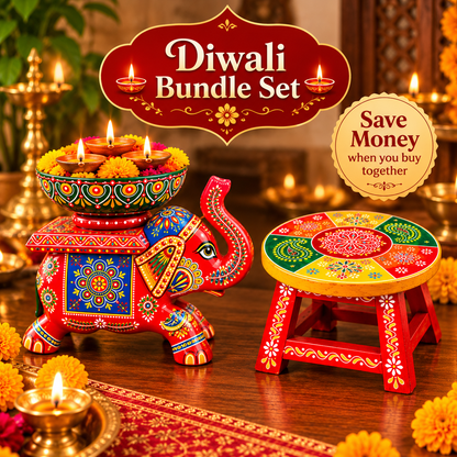 Diwali Festive Decor Bundle – Handcrafted Handpainted Wooden Stool & Elephant Diya Holder