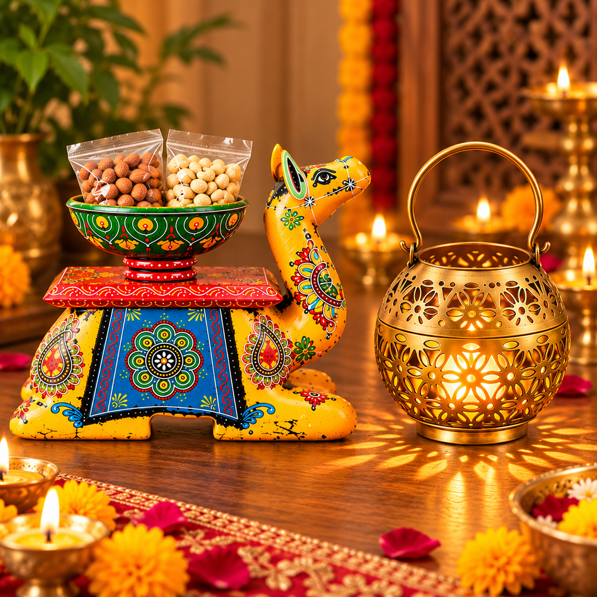Money-Saving Diwali Bundle – Handcrafted Camel Dry Fruit Holder & Brass Decorative Lantern Combo