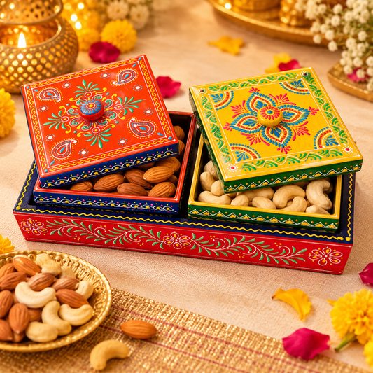Handcrafted Hand-Painted Wooden Dry Fruit Box Set with 1 Serving Plate – 13 × 7 Inch