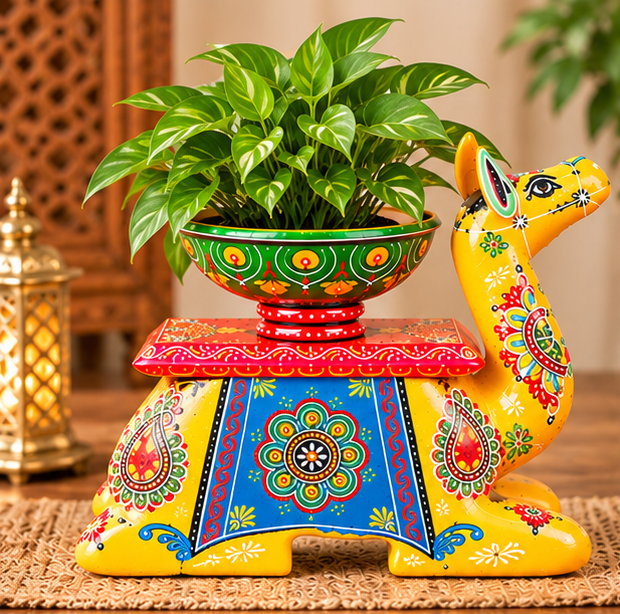 Vintage Antique  Handcrafted Wooden Camel Diya Holder & Bowl Stand – Yellow Folk Art Decorative Table(full set)