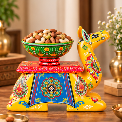 Vintage Antique  Handcrafted Wooden Camel Diya Holder & Bowl Stand – Yellow Folk Art Decorative Table(full set)