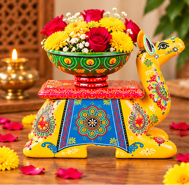 Vintage Antique  Handcrafted Wooden Camel Diya Holder & Bowl Stand – Yellow Folk Art Decorative Table(full set)