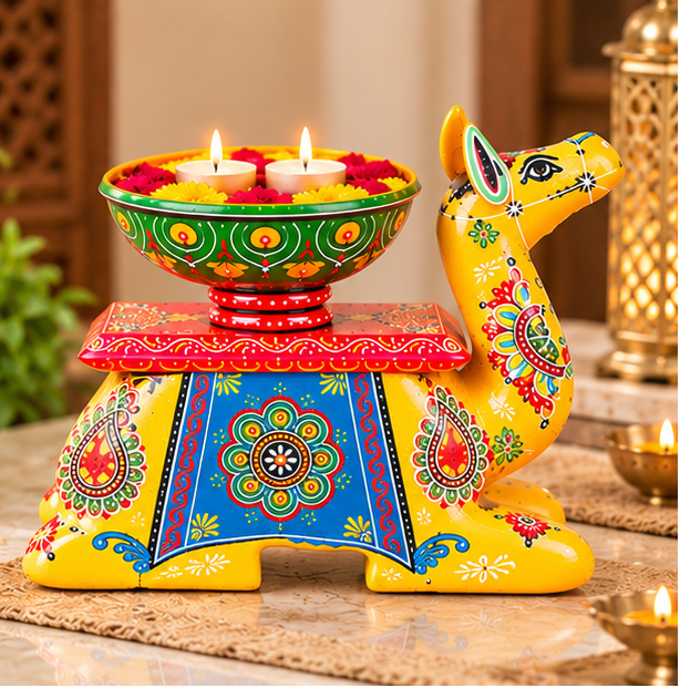 Vintage Antique  Handcrafted Wooden Camel Diya Holder & Bowl Stand – Yellow Folk Art Decorative Table(full set)