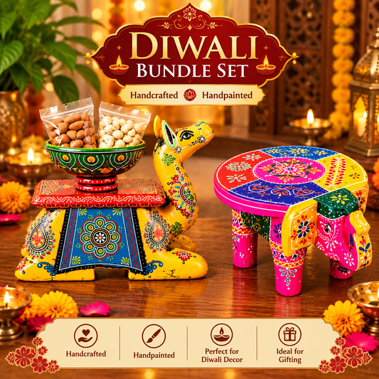 Diwali Bundle Set – Handcrafted Handpainted Camel Bowl & Elephant Stand Décor
