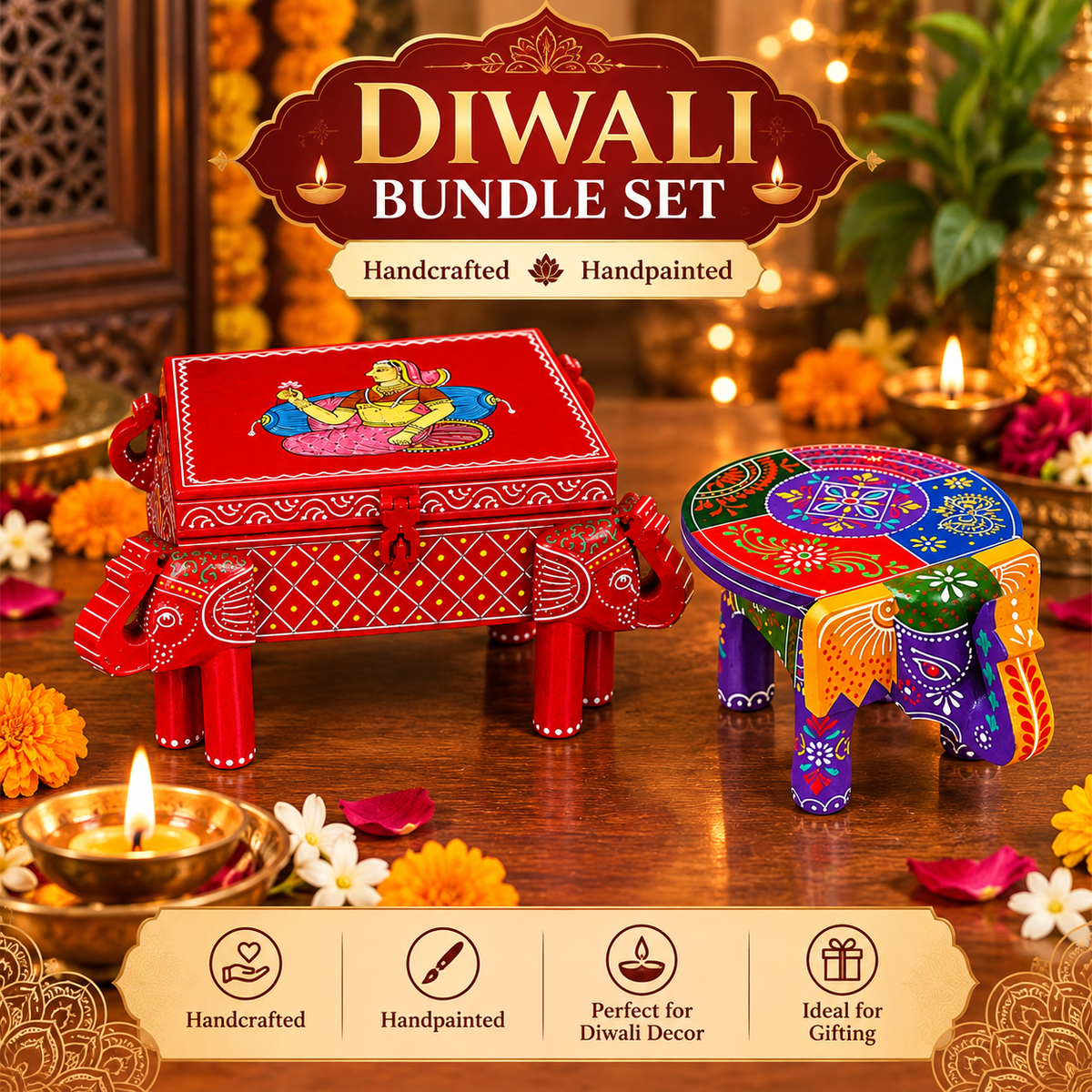 Diwali Bundle Set – Handcrafted & Handpainted Elephant Chowki & Decorative Elephant Stool