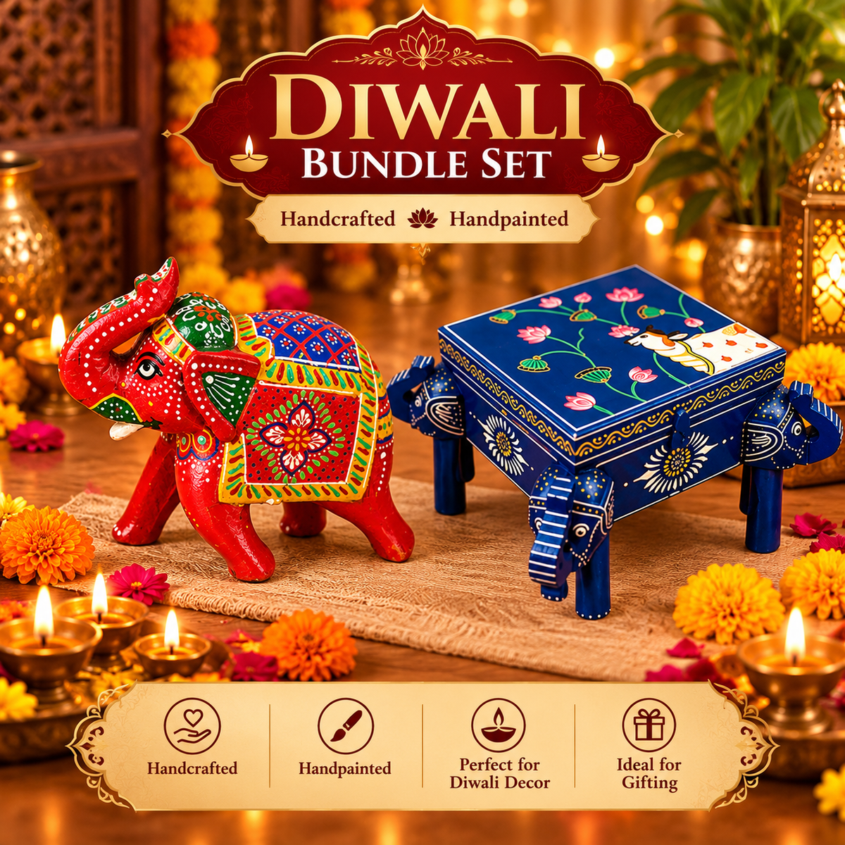 Diwali Bundle Set – Handcrafted Handpainted Elephant Figurine & Elephant Chowki