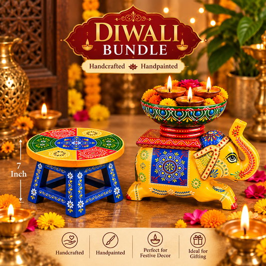 Diwali Festive Decor Bundle – Handcrafted Handpainted Wooden Stool & Elephant Diya Holder