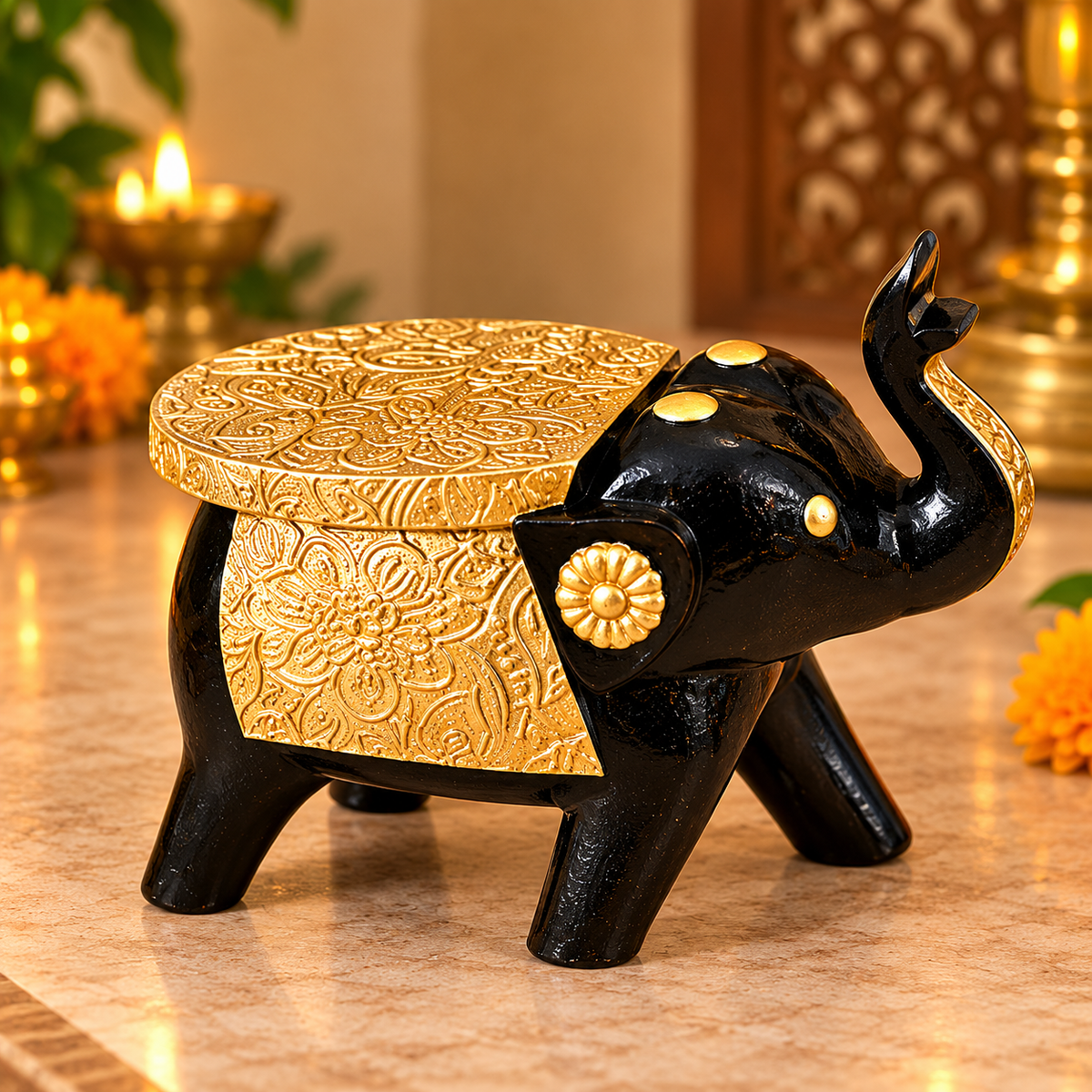 Diwali Bundle Set – Handcrafted & Handpainted Elephant Chowki & Decorative Elephant Stool BRASS WORK