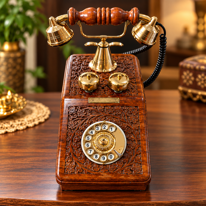 Real Functional Handcrafted Sheesham Wooden Vintage Rotary Dial Telephone with Brass Work (USE AS A UNIQUE DECOR PIECE )