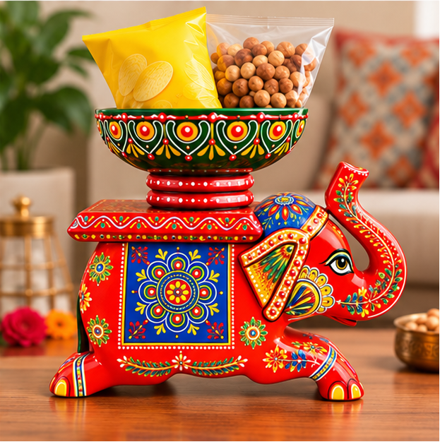 Handcrafted Hand-Painted Elephant Chowki with Decorative Bowl – Red Full Set