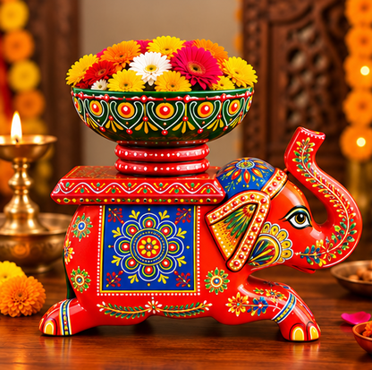 Handcrafted Hand-Painted Elephant Chowki with Decorative Bowl – Red Full Set