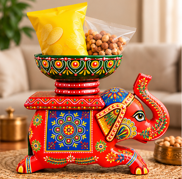 Handcrafted Hand-Painted Elephant Chowki with Decorative Bowl – Red Full Set