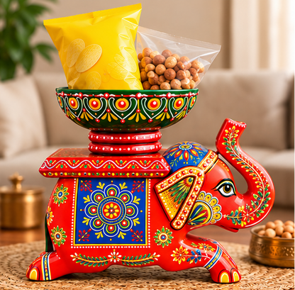 Handcrafted Hand-Painted Elephant Chowki with Decorative Bowl – Red Full Set