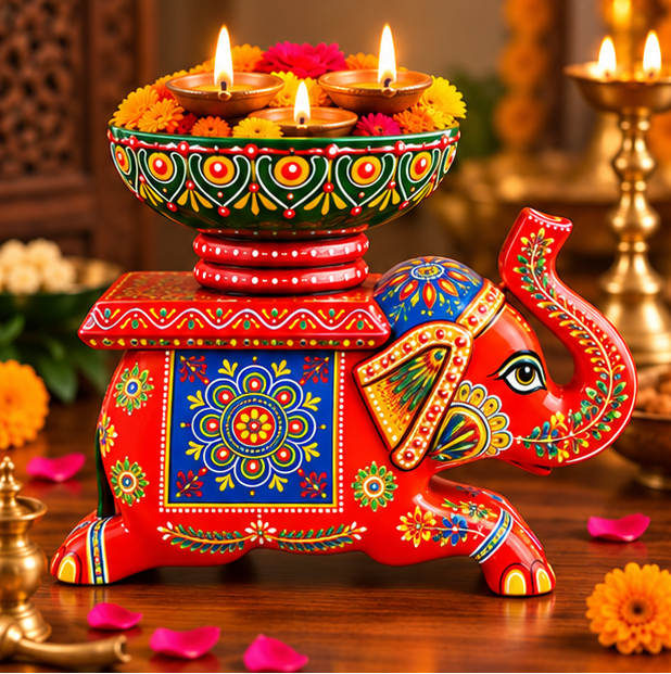 Handcrafted Hand-Painted Elephant Chowki with Decorative Bowl – Red Full Set