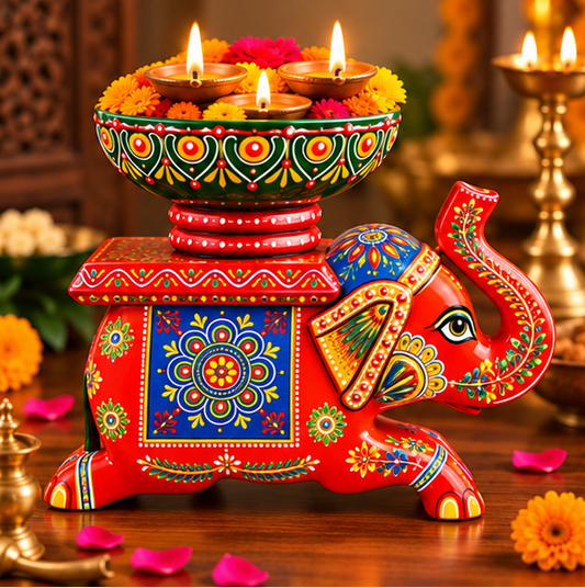 Handcrafted Hand-Painted Elephant Chowki with Decorative Bowl – Red Full Set