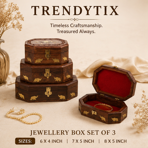 Octagonal Royal Elephant Inlay Wooden Jewellery Box Set of 3 - Handcrafted