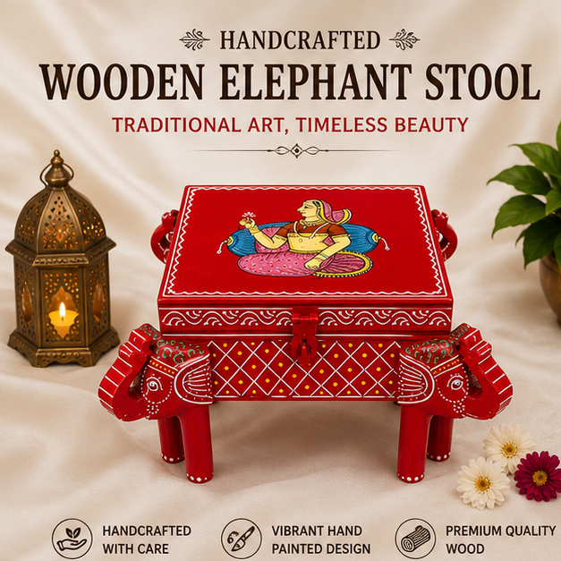 Trendytix Handcrafted & Hand-Painted Wooden Elephant Chowki with Storage Box – Traditional Rajasthani Art