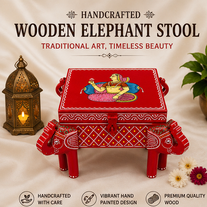 Trendytix Handcrafted & Hand-Painted Wooden Elephant Chowki with Storage Box – Traditional Rajasthani Art