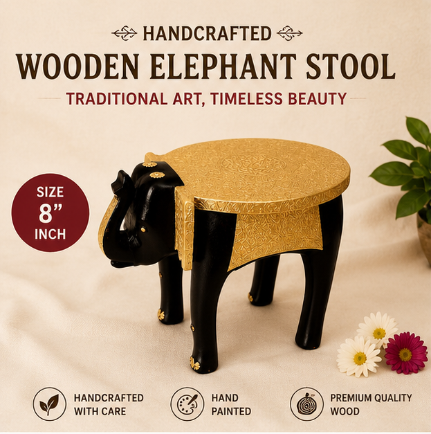 HandTrendytix Handcrafted Wooden Elephant Stool with Antique Gold Finish – Premium Decorative Side Stool